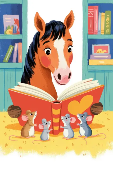 Children's book illustration of a horse reading