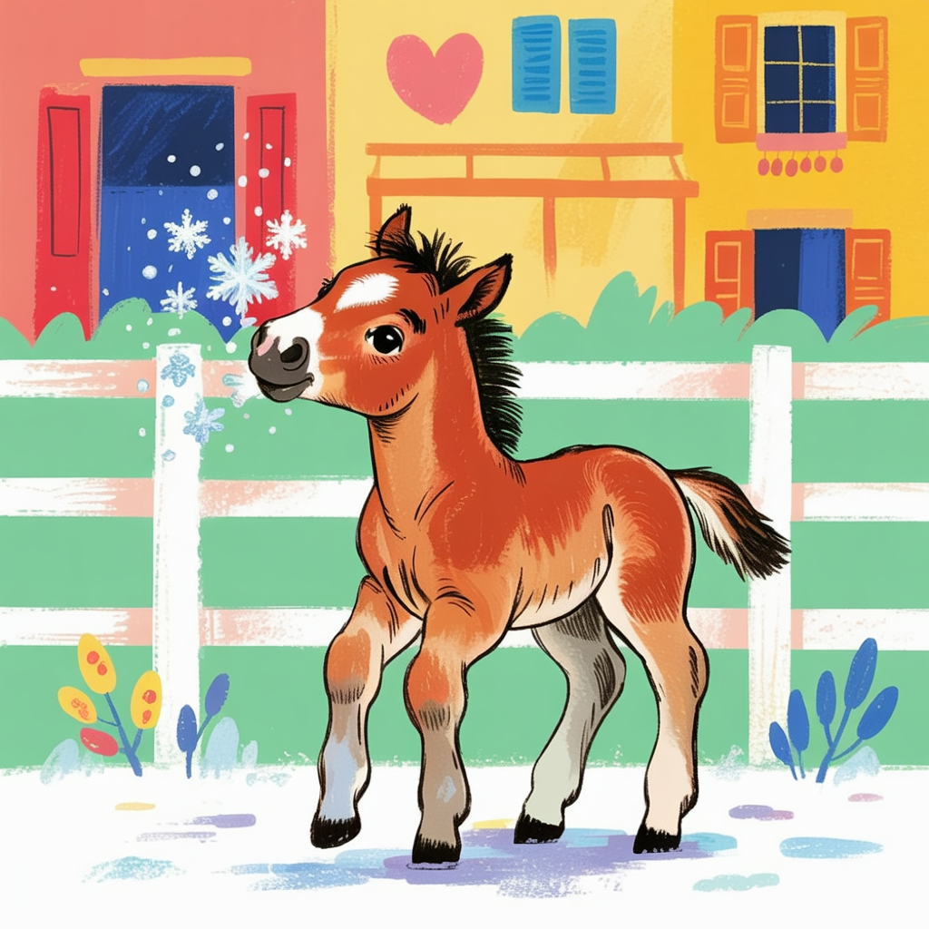 Children's book illustration of a foal in the snow
