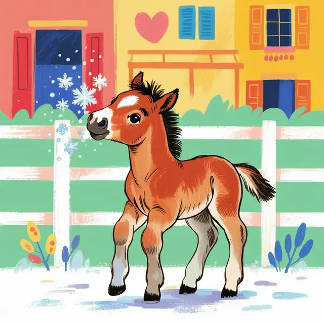 Children's book illustration of a foal in the snow