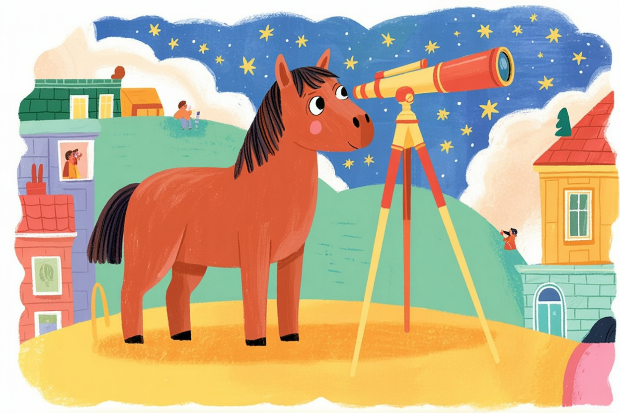Children's book illustration of a horse stargazing