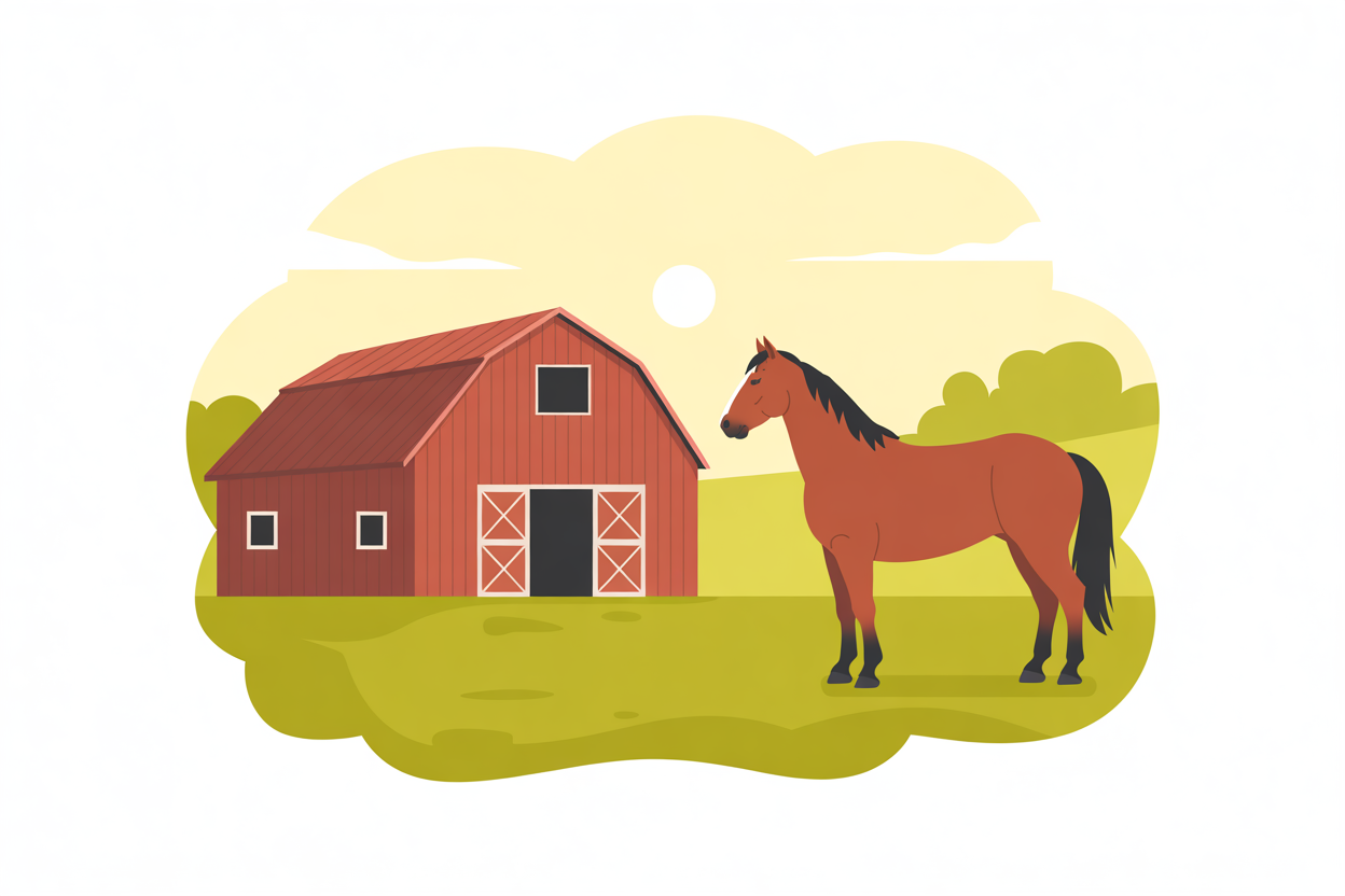 Flat vector illustration of a horse by a barn