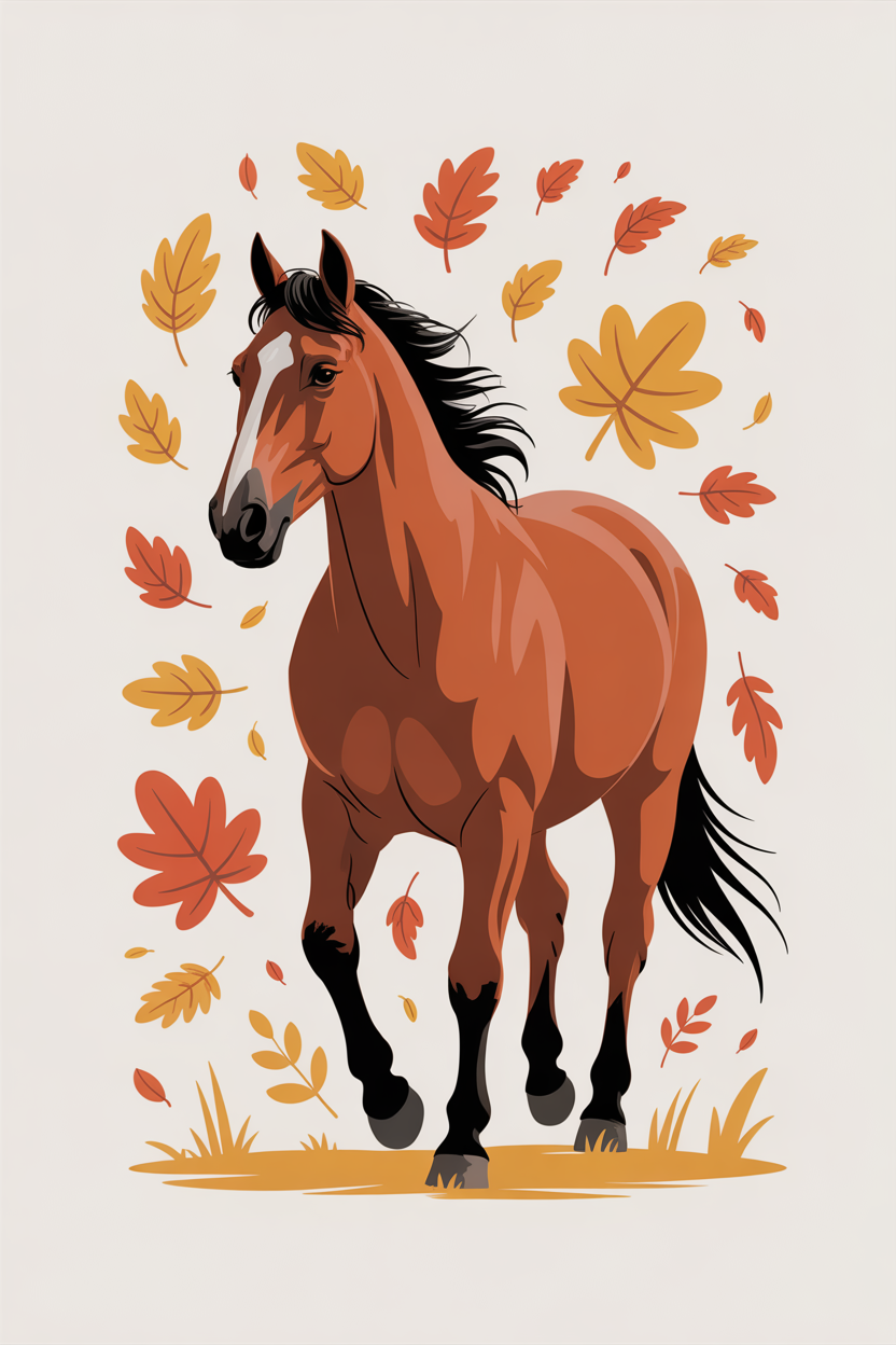 Flat vector illustration of a horse in autumn