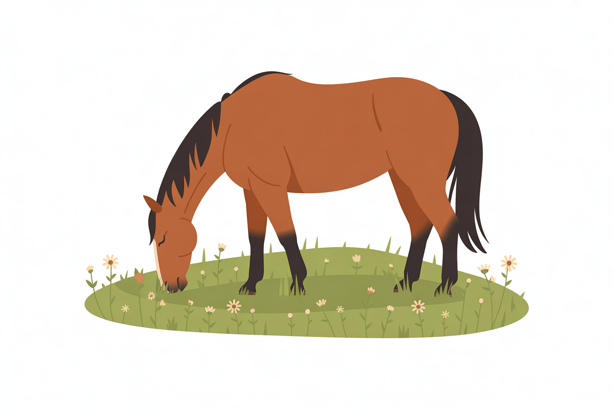 Flat vector illustration of a horse grazing in a meadow