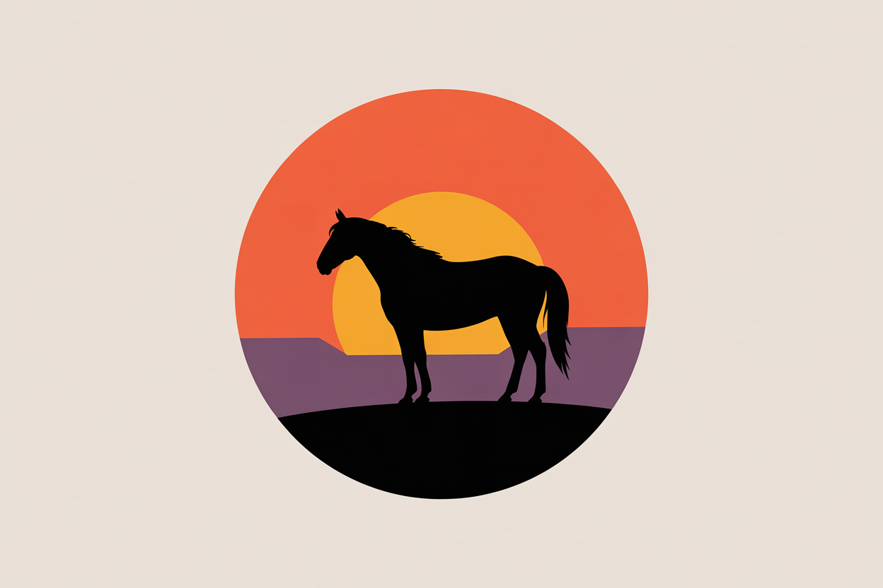 Flat vector illustration of a horse silhouette at sunset