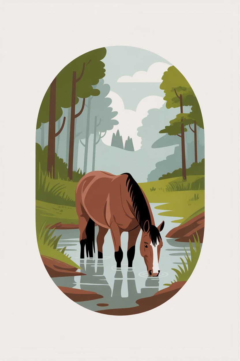 Flat vector illustration of a horse drinking from a stream
