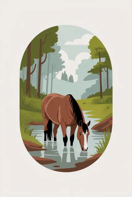 Flat vector illustration of a horse drinking from a stream