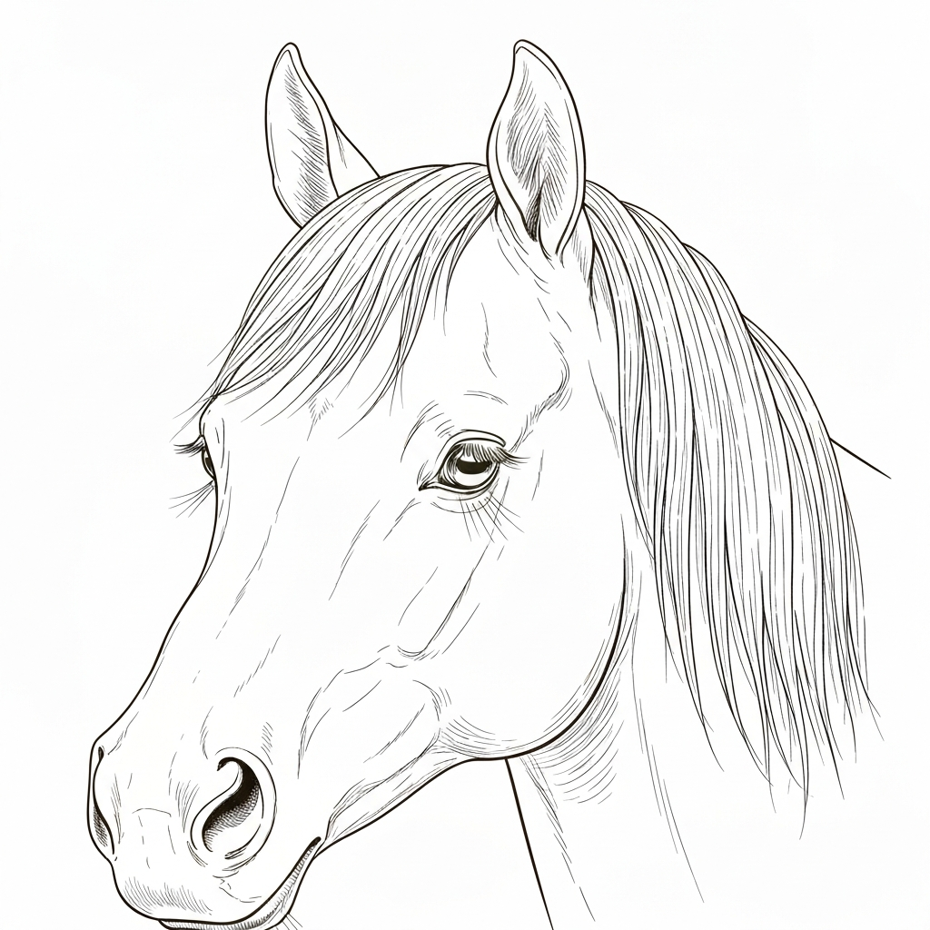 Line art illustration of a horse face close-up