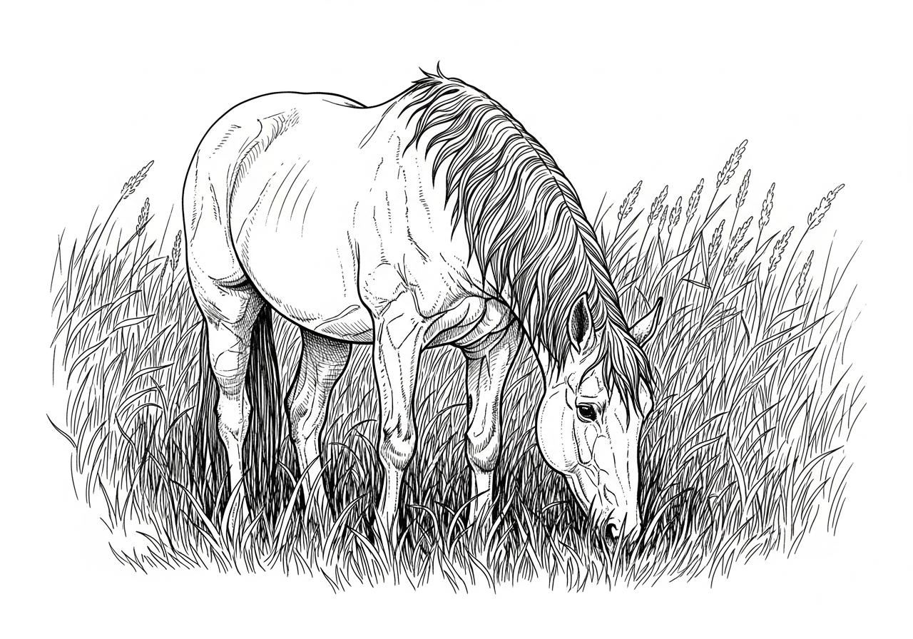 Line art illustration of a horse grazing