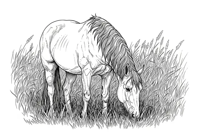 Line art illustration of a horse grazing