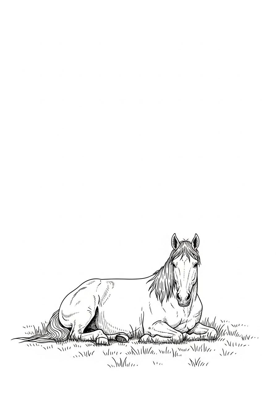 Line art illustration of a resting horse