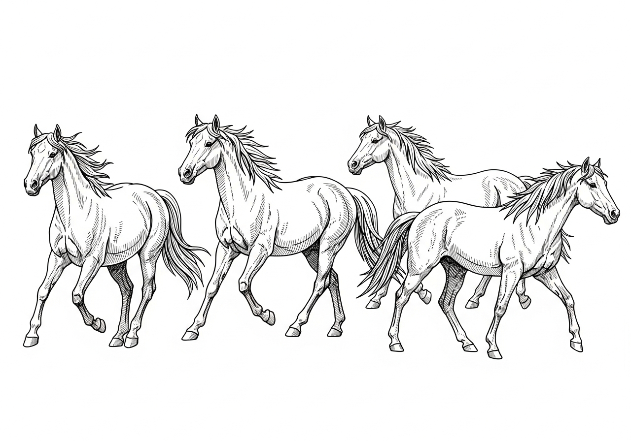 Line art illustration of wild horses