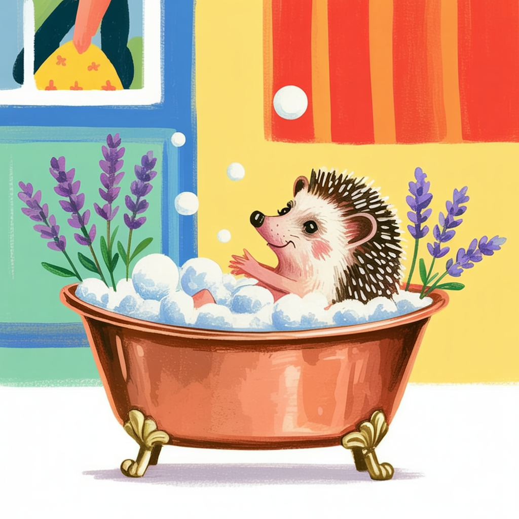 Children's book illustration of a hedgehog in a lavender bath