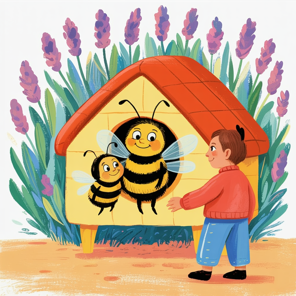 Children's book illustration of bees in a lavender house
