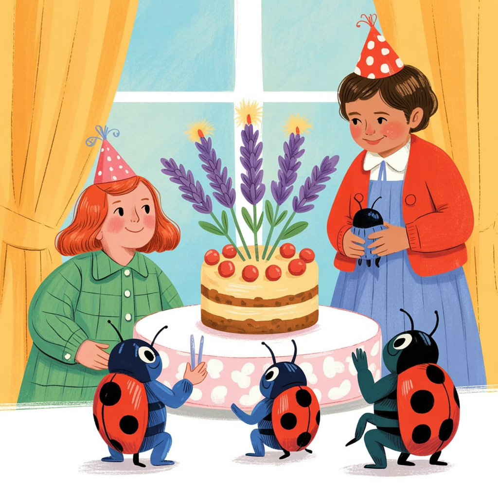 Children's book illustration of a ladybird birthday party in lavender