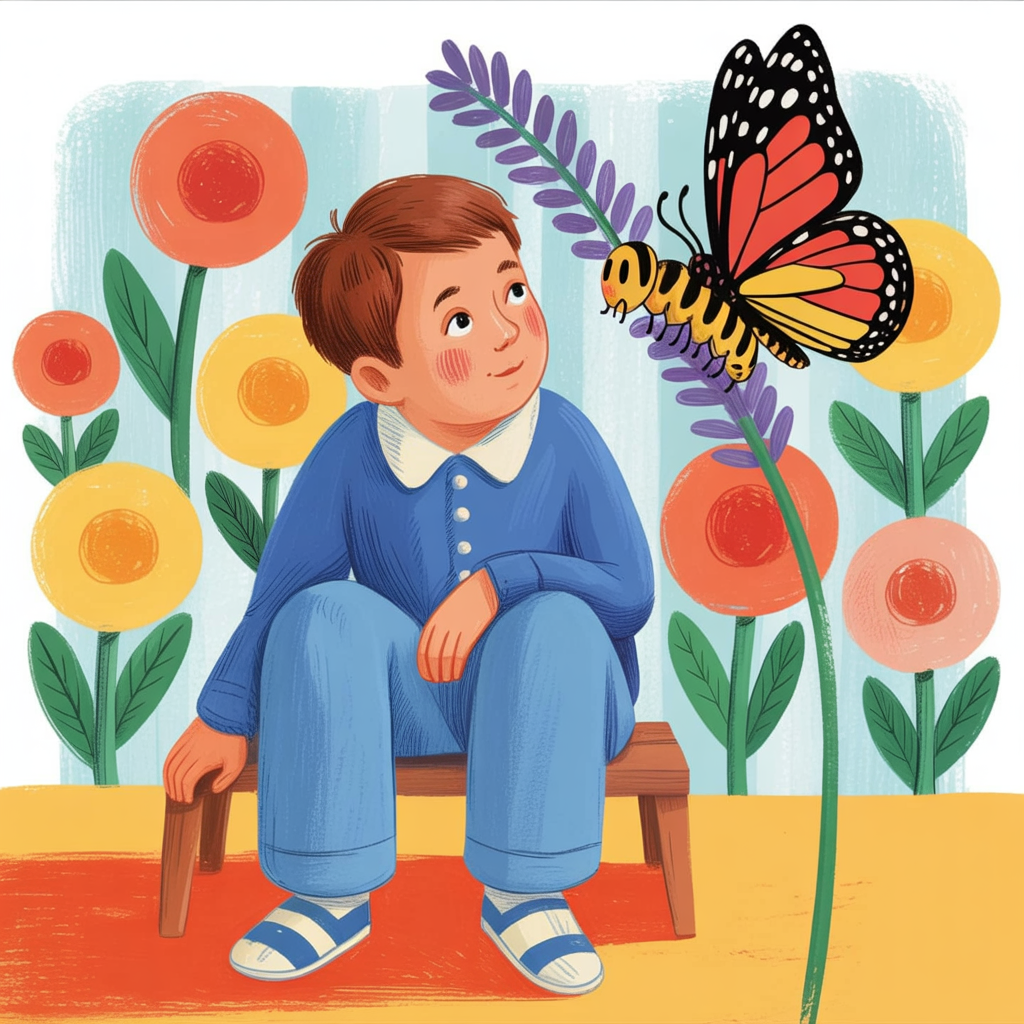Children's book illustration of a caterpillar on lavender