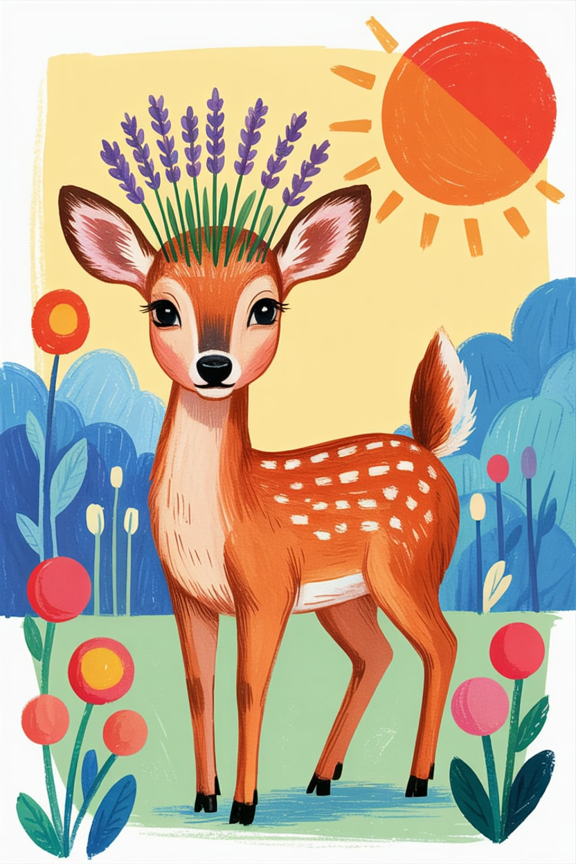 Children's book illustration of a deer with a lavender crown