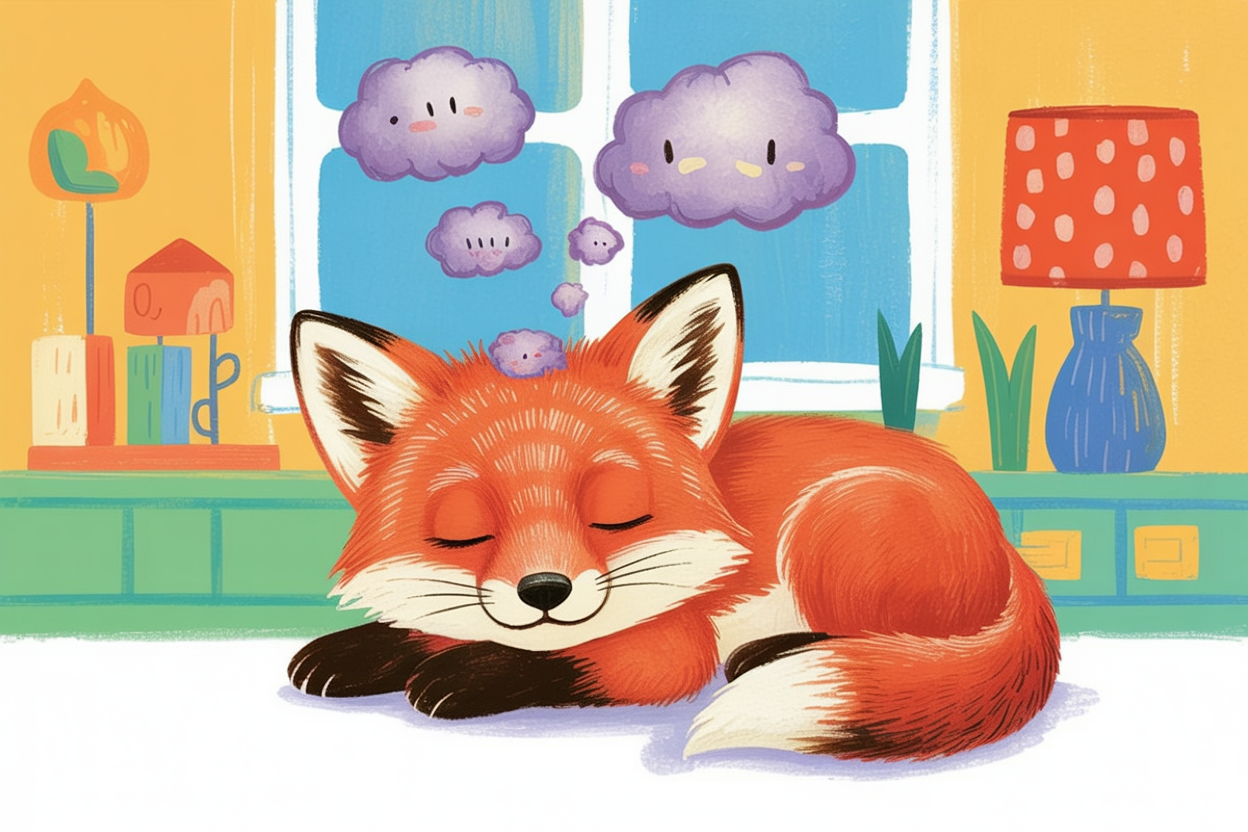 Children's book illustration of a fox dreaming of lavender