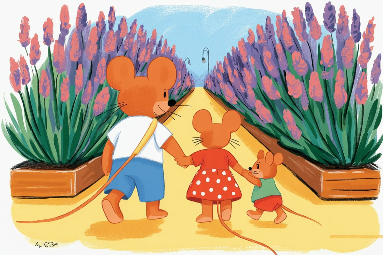 Children's book illustration of mice in a lavender field