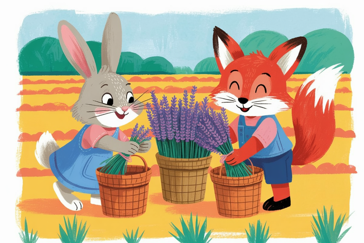 Children's book illustration of animals harvesting lavender
