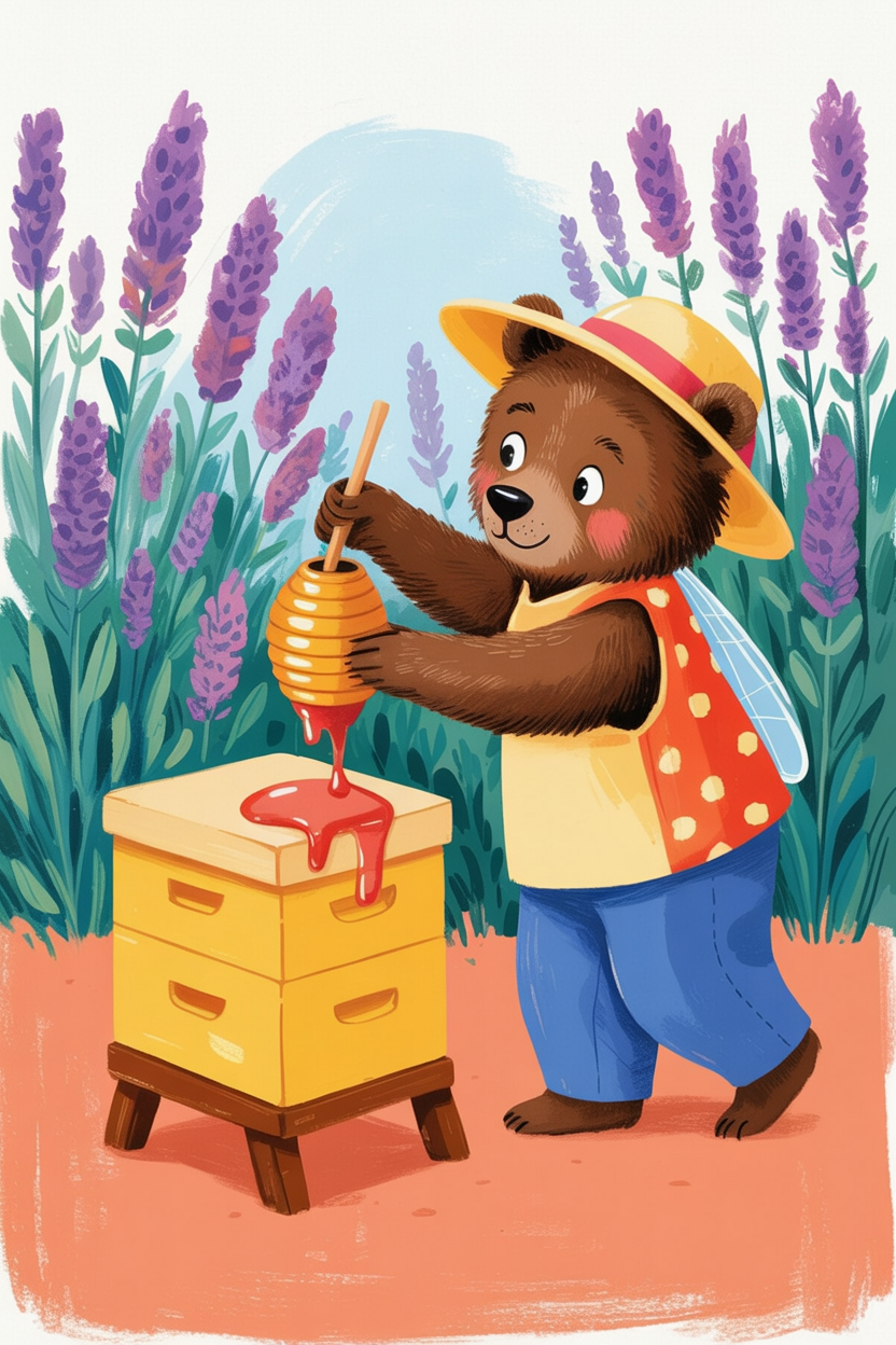 Children's book illustration of a bear collecting lavender honey