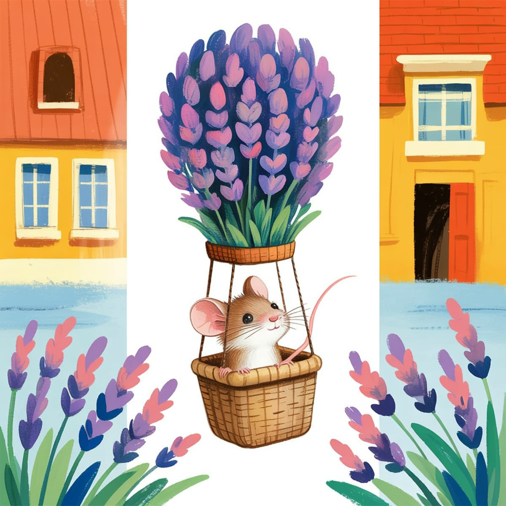 Children's book illustration of a mouse in a lavender balloon