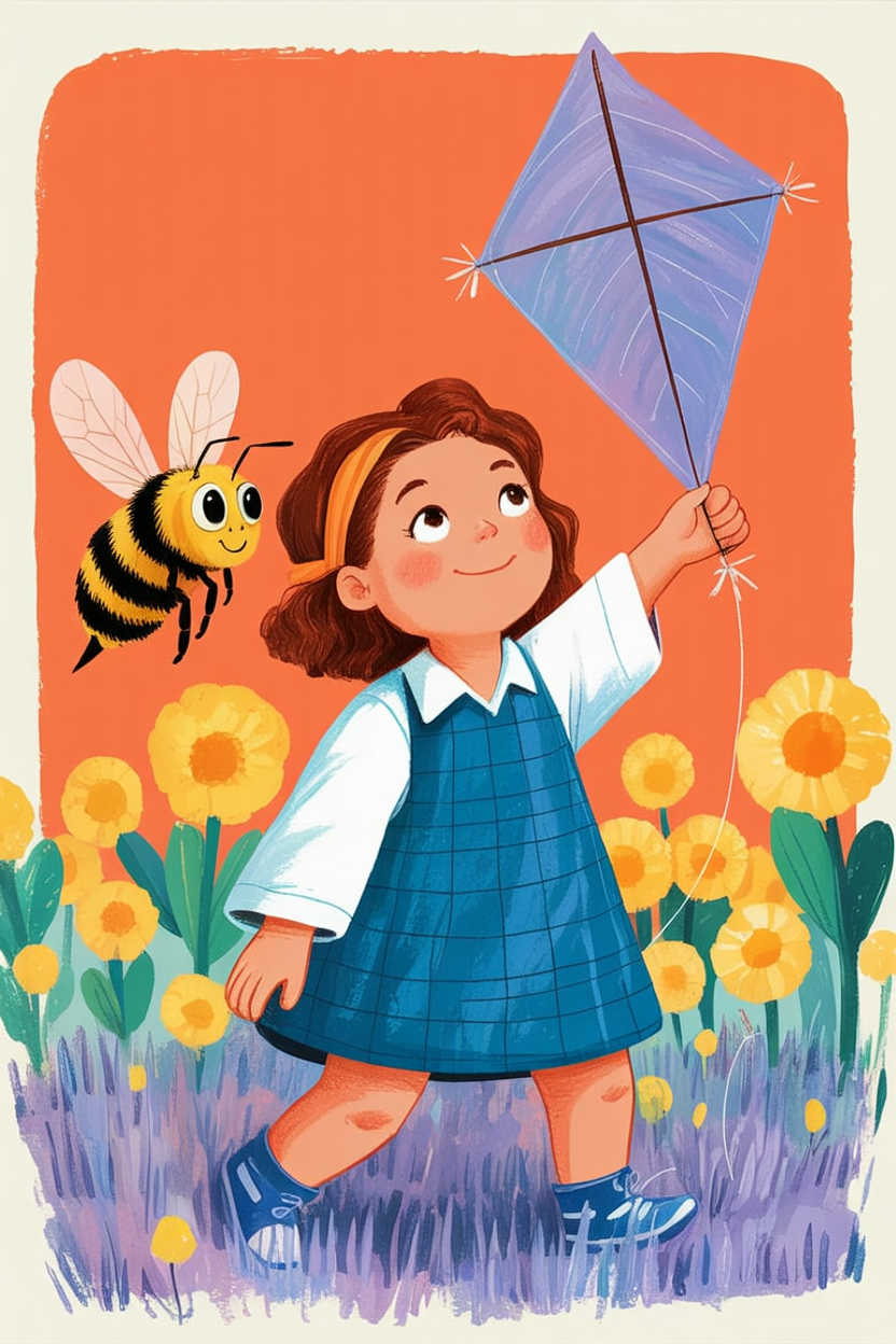 Children's book illustration of a bee with a lavender kite