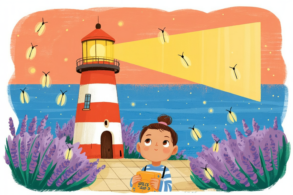 Children's book illustration of a lighthouse in a lavender field
