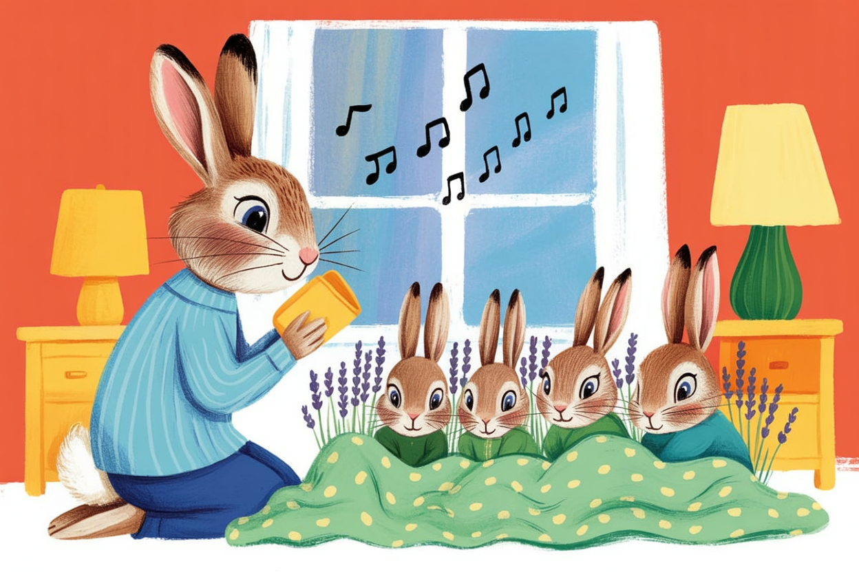 Children's book illustration of rabbits sleeping in lavender