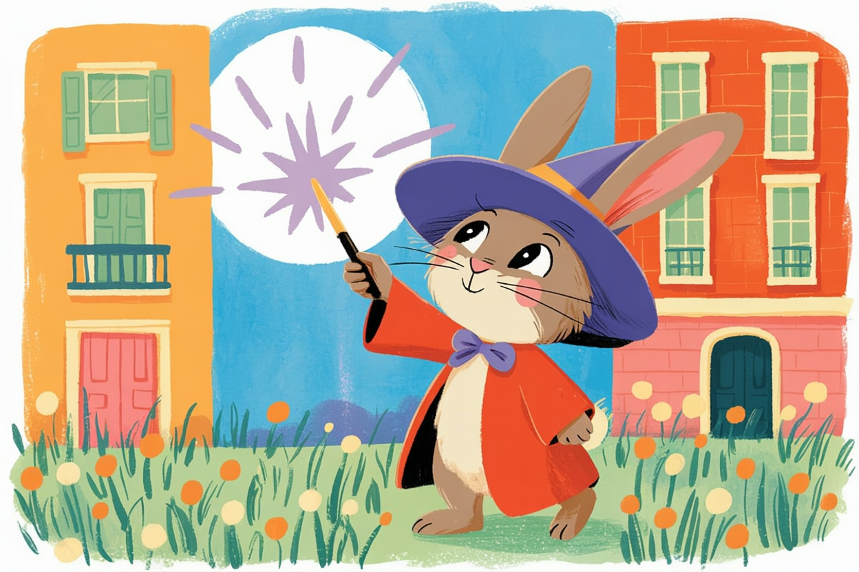 Children's book illustration of a rabbit wizard with a lavender wand