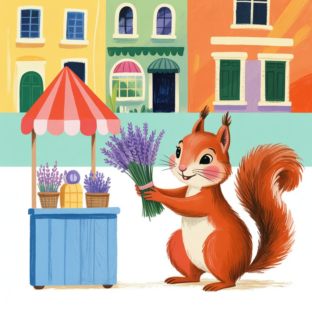 Children's book illustration of a squirrel selling lavender