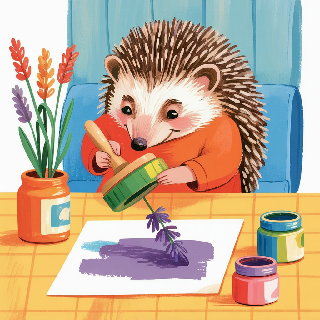 Children's book illustration of a hedgehog painting with lavender
