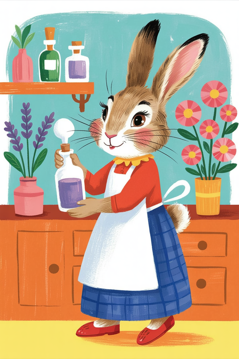 Children's book illustration of a rabbit making lavender perfume
