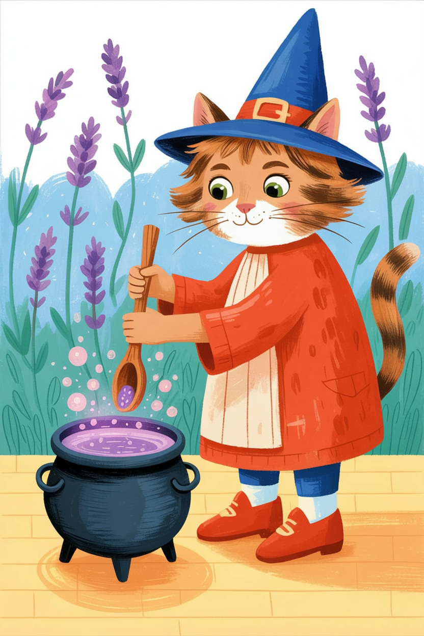 Children's book illustration of a cat making a lavender potion