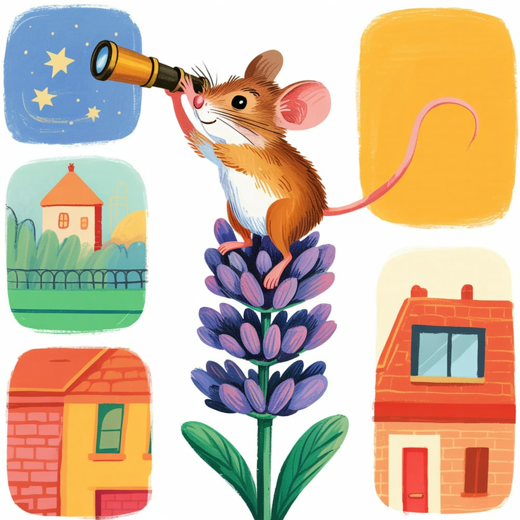 Children's book illustration of a mouse on lavender stargazing