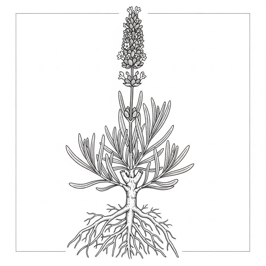 Line art illustration of lavender anatomy