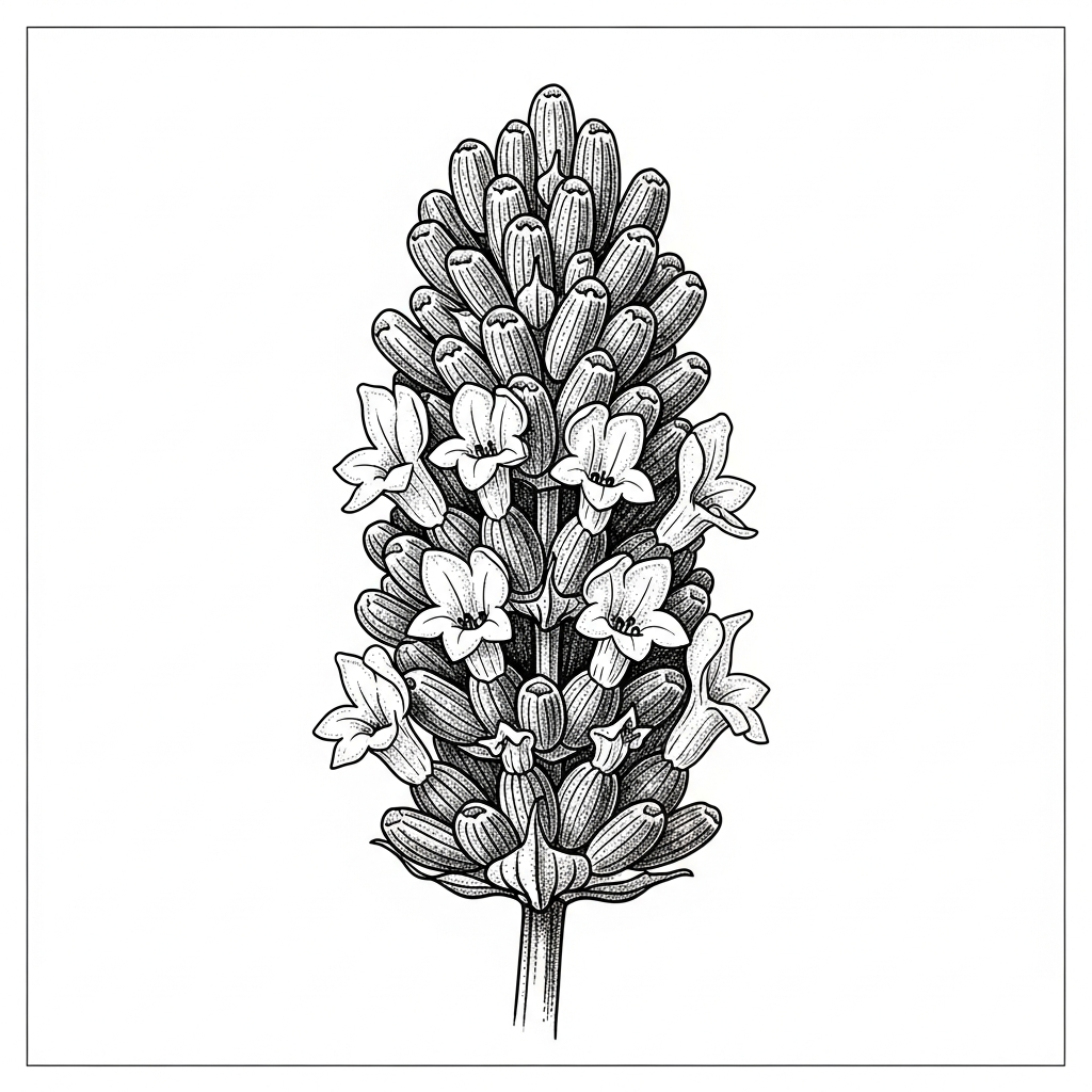 Line art illustration of lavender florets close-up