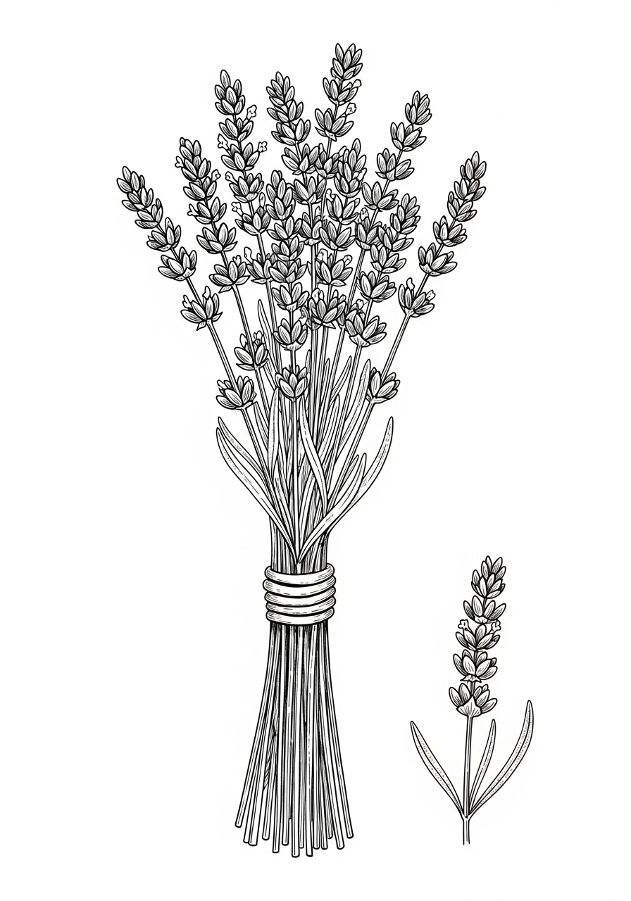 Line art illustration of a tied lavender bundle