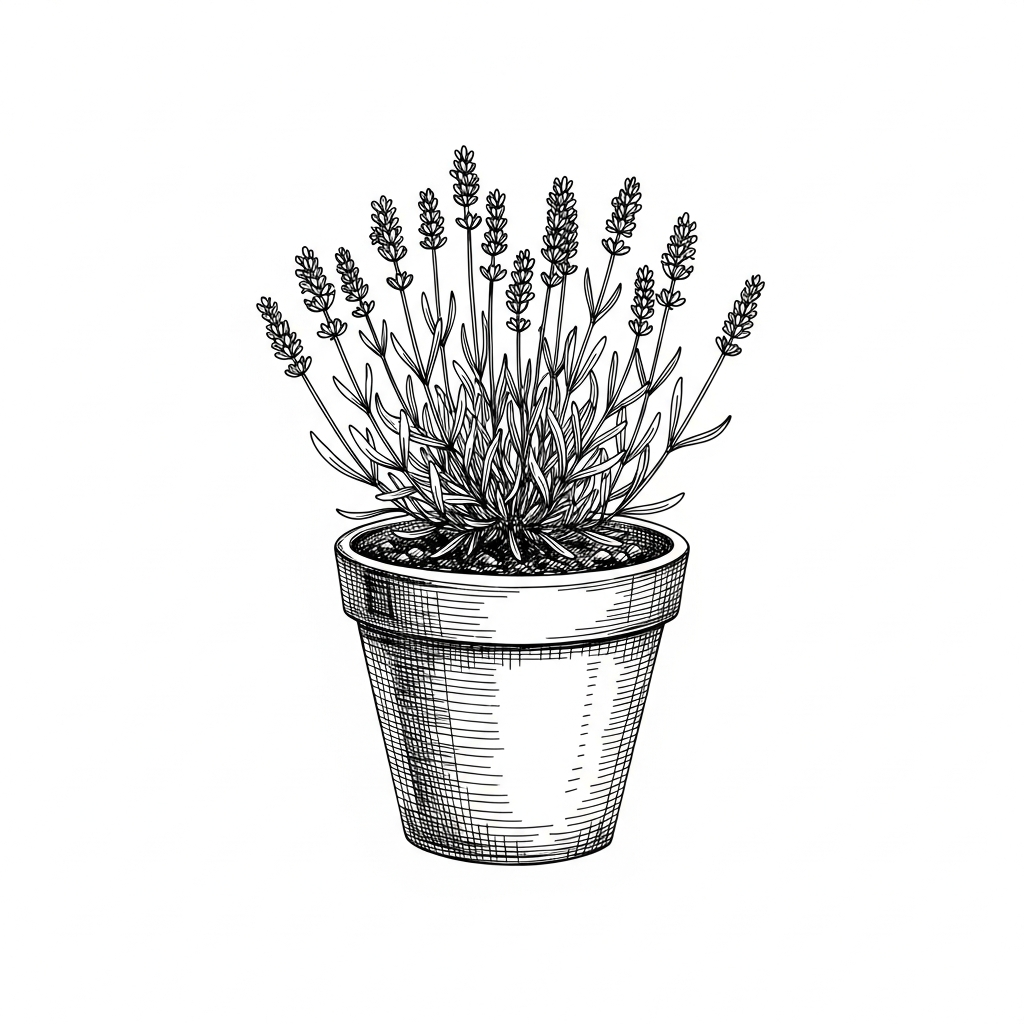 Line art illustration of potted lavender