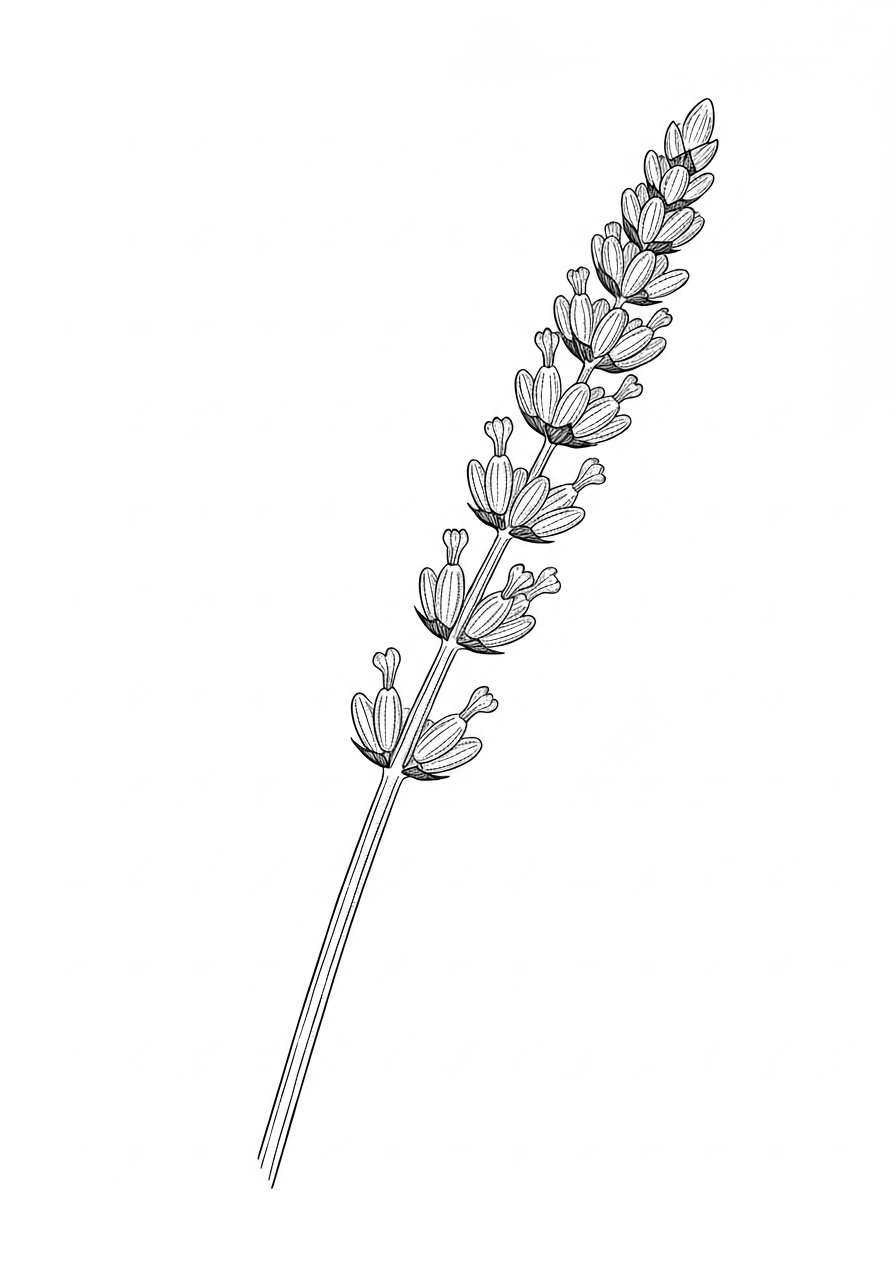 Line art illustration of lavender seed pod