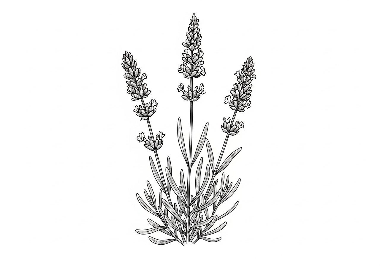 Line art illustration of three lavender plants