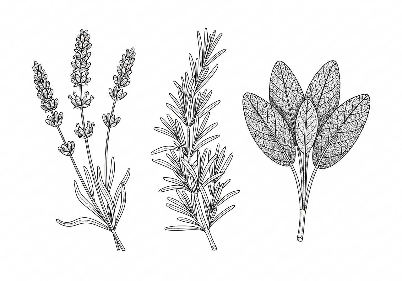 Line art illustration of lavender and herb sprigs