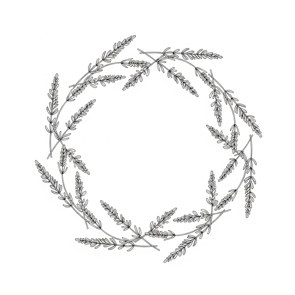 Line art illustration of a lavender wreath