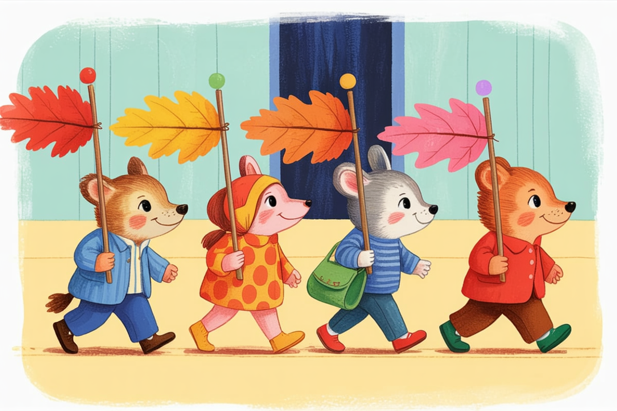 Children's book illustration of a woodland leaf parade