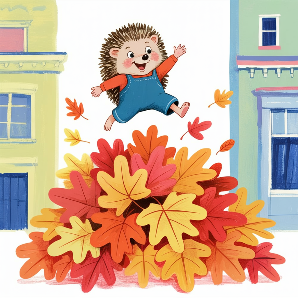 Children's book illustration of a hedgehog in autumn leaves