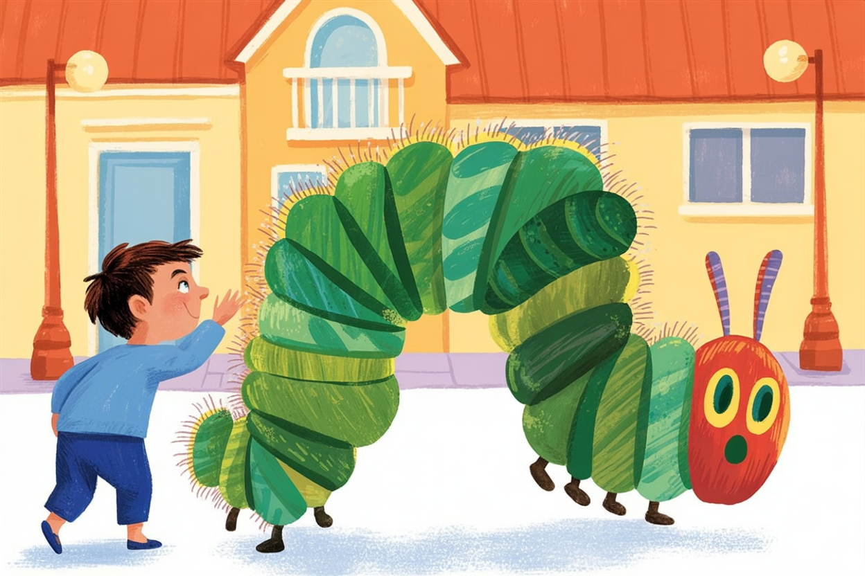 Children's book illustration of a caterpillar eating a leaf