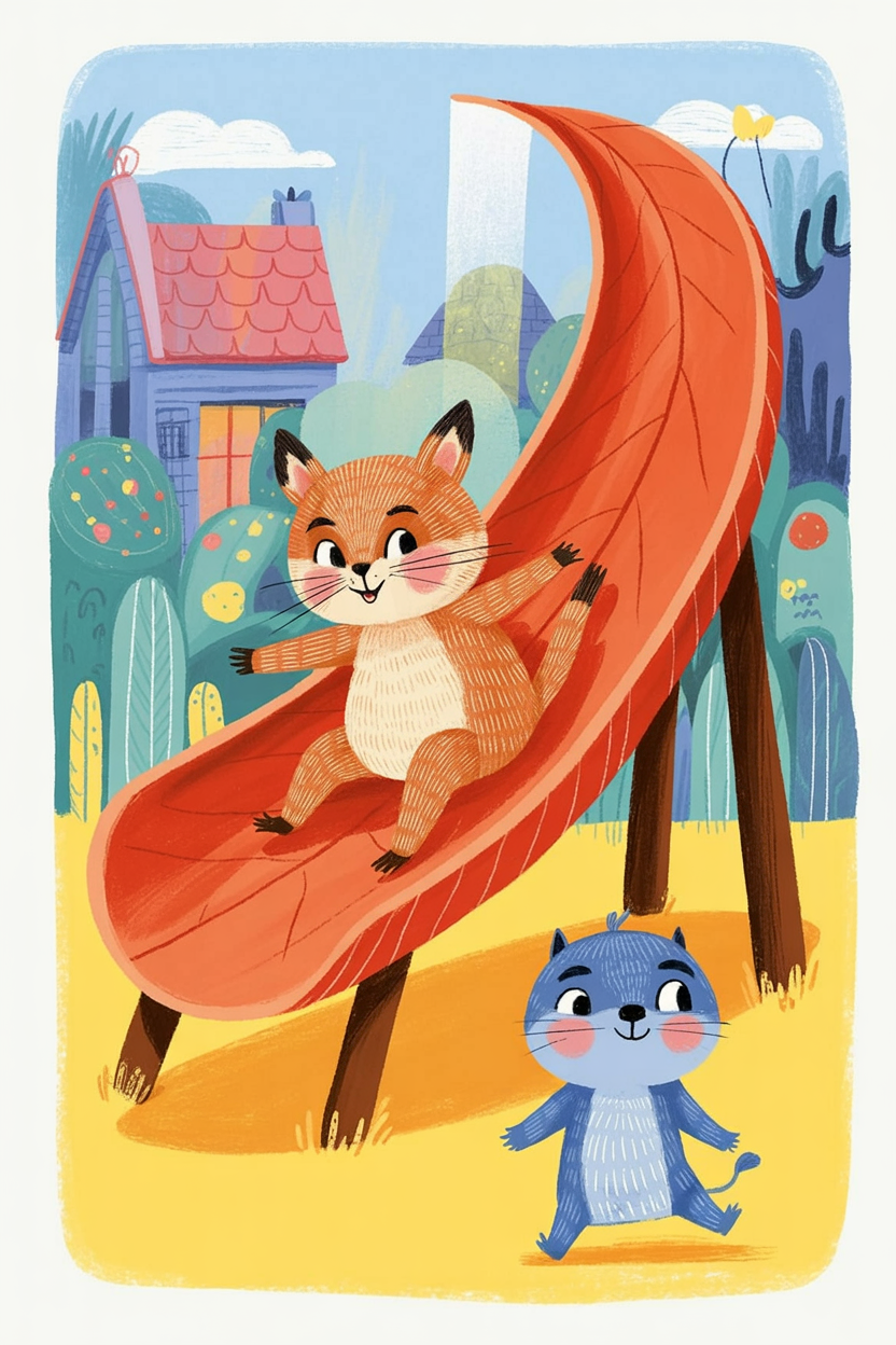 Children's book illustration of animals sliding on a leaf