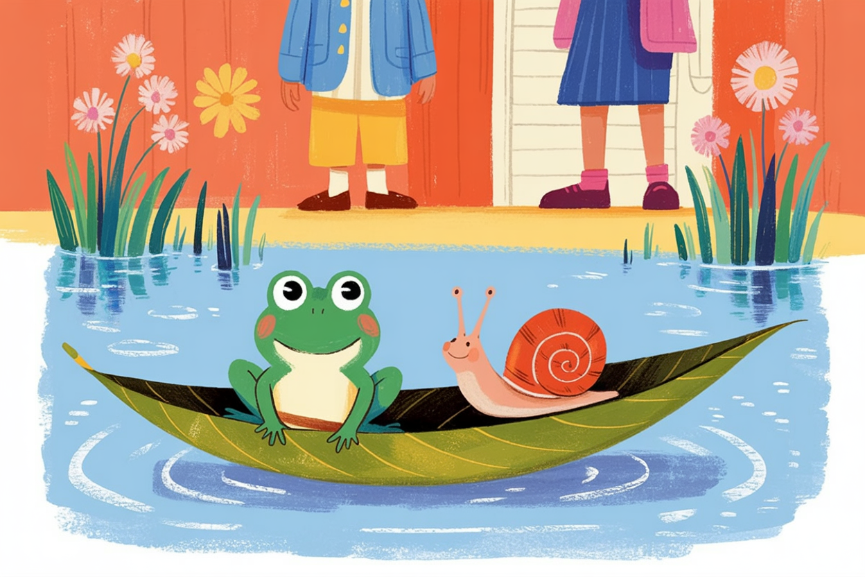 Children's book illustration of animals on a leaf boat