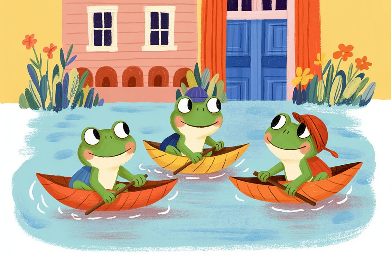 Children's book illustration of frogs racing leaf boats