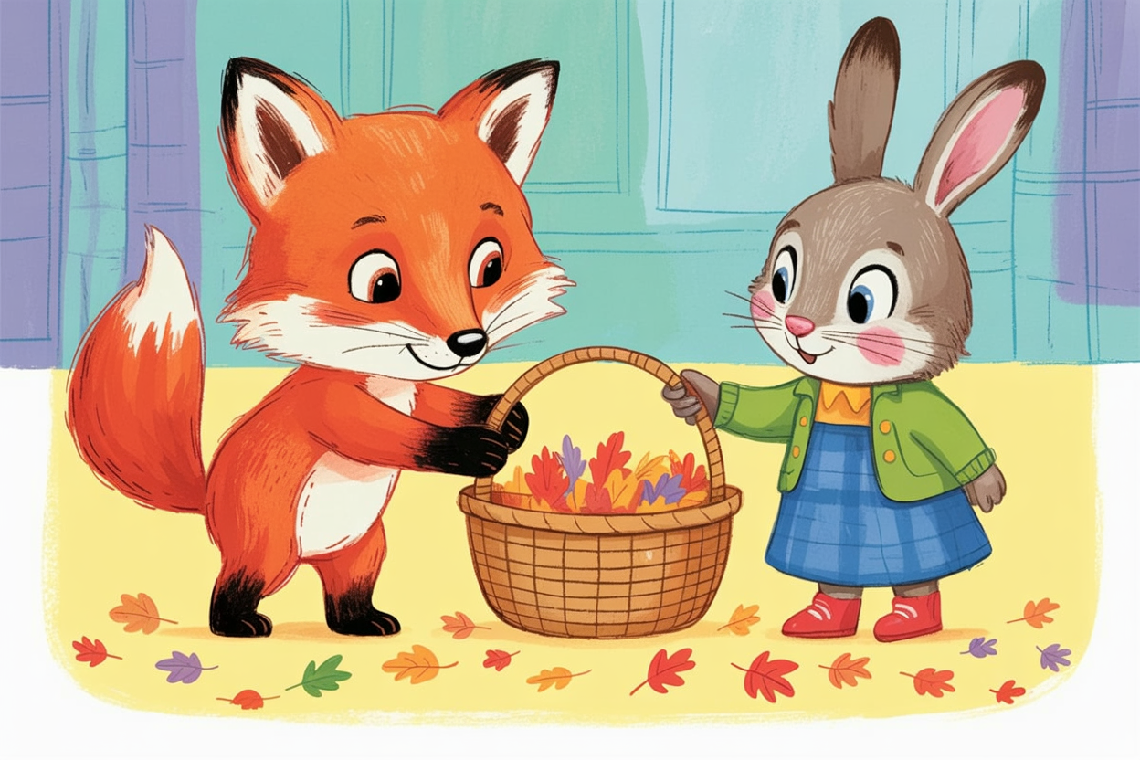 Children's book illustration of animals collecting leaves