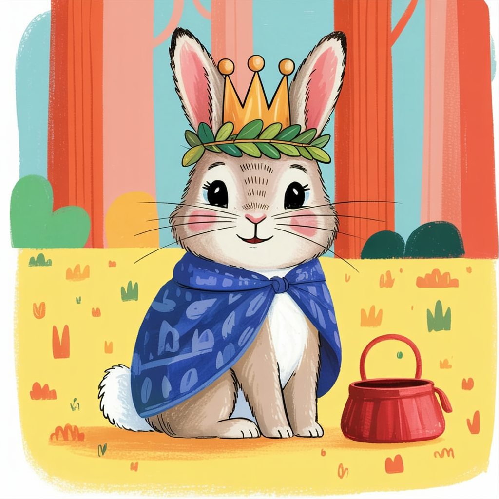 Children's book illustration of a bunny with a leaf crown